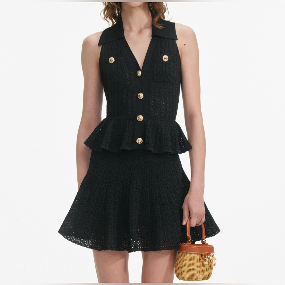Black Pointelle Knit Peplum Mini Dress Gold Buttons NWT Size Small